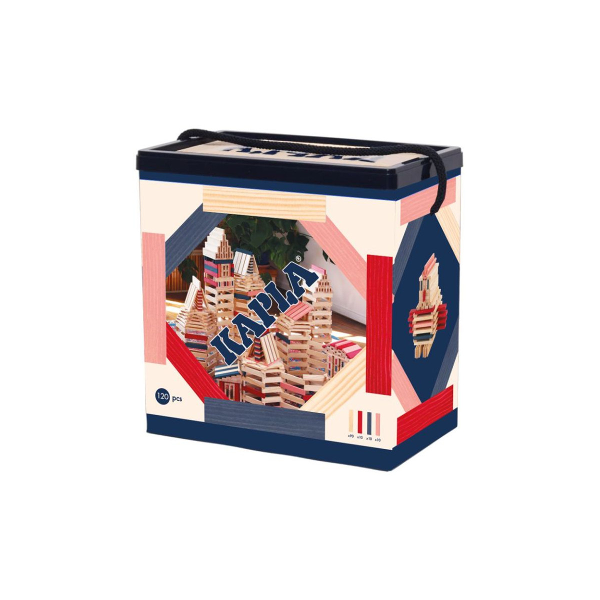 KAPLA-Holzplanken-Box mit Abbildungen von Bauwerken und Tragegriff.