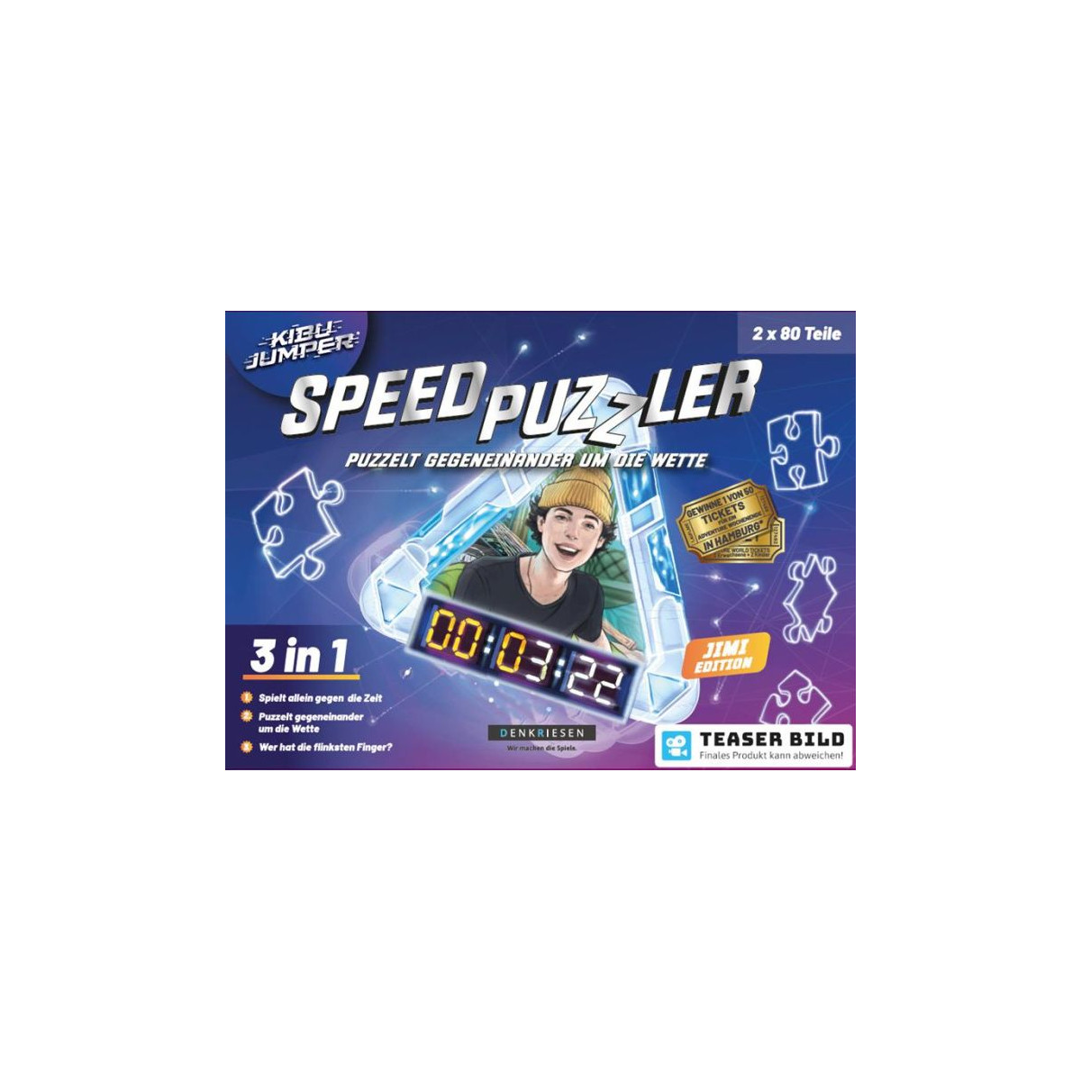 Speed Puzzler: Spielverpackung mit Timer, Puzzleteilen und einem begeisterten Kind mit Mütze.
