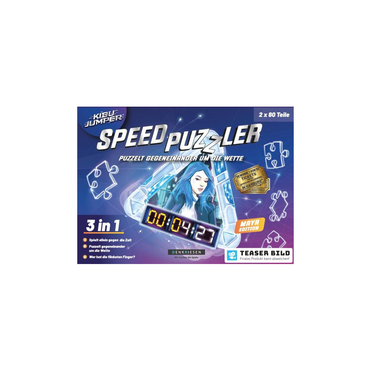 Spiel-Box „Speed Puzzler“ mit Stoppuhr, Puzzleteilen und einer Frau mit blauen Haaren.