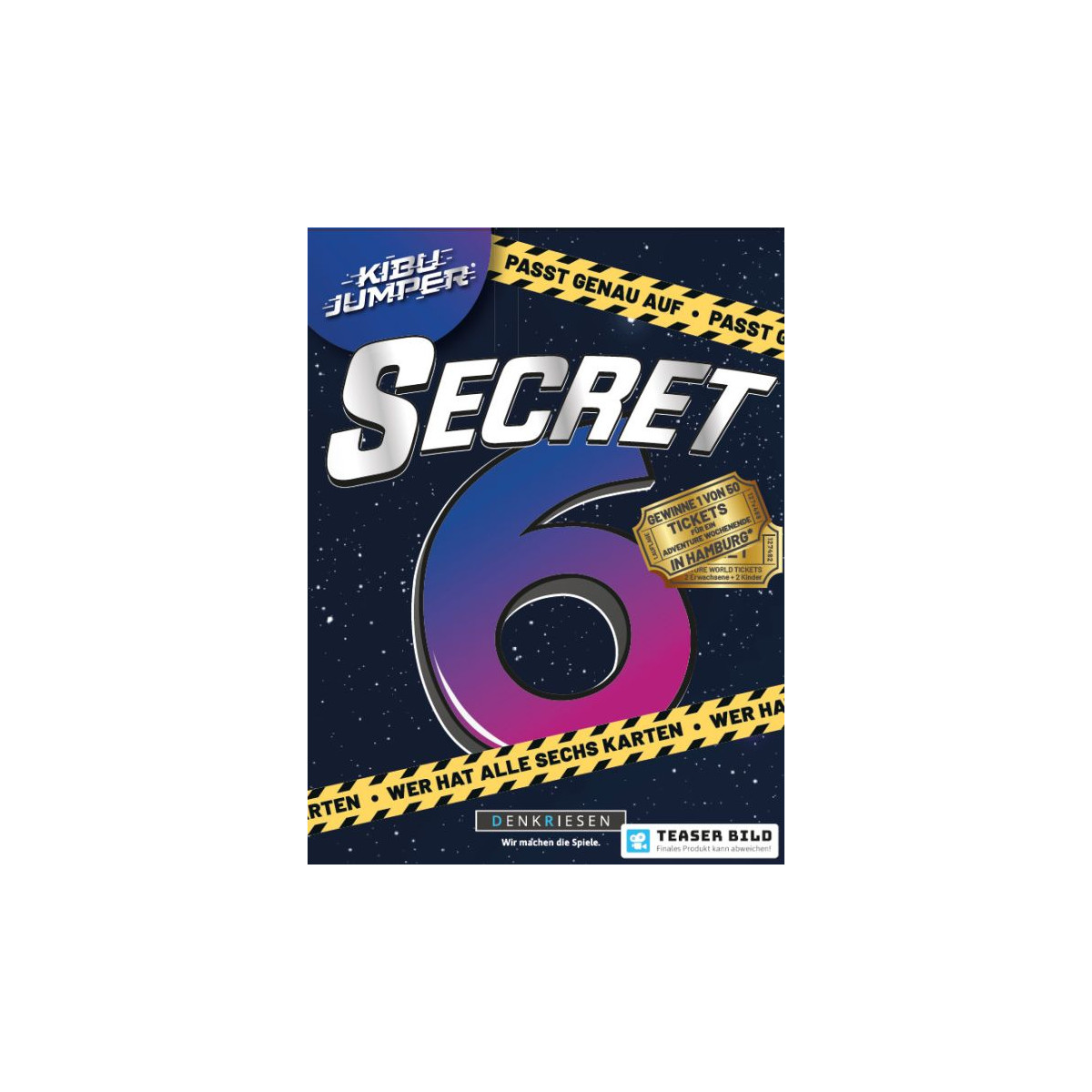 Boxcover von Secret 6 mit gelbem Band und großer Zahl 6 vor sternenbedecktem Hintergrund.