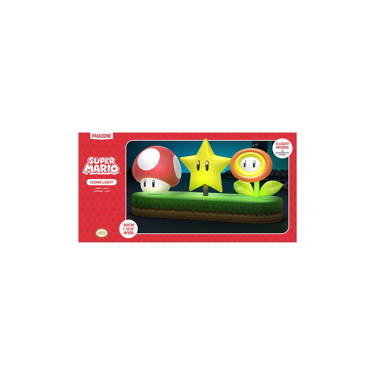 Super Mario Icons Light mit Pilz, Stern und Feuerblume auf grünem Podest in roter Box.