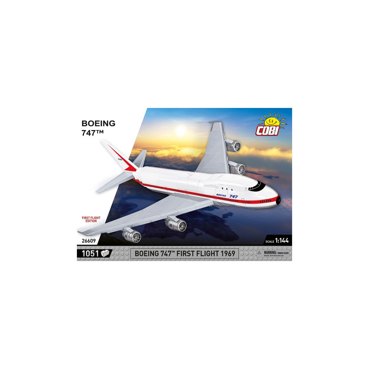 Box für ein COBI Boeing 747 Modell mit Illustration einer fliegenden 747 vor Sonnenuntergang.