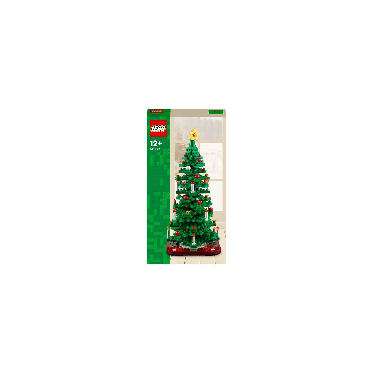 LEGO Weihnachtsbaum-Set mit geschmücktem Baum und gelbem Stern als Verzierung auf der Spitze.