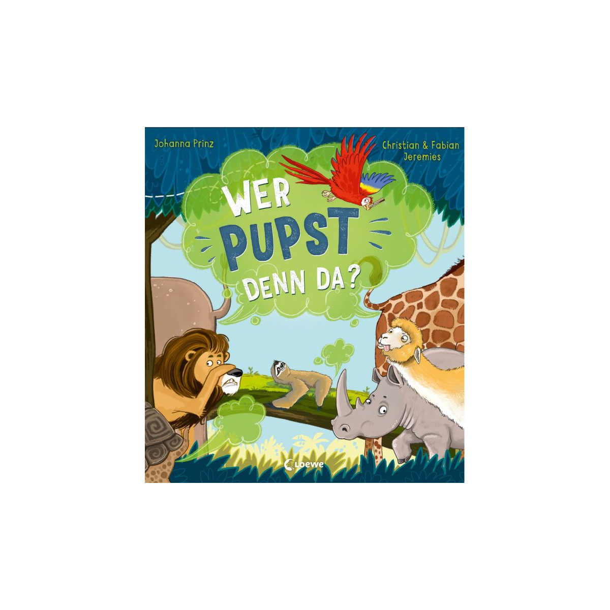 Illustrierter Buchumschlag mit Dschungeltieren und rotem Papagei, Titel: „Wer pupst denn da?“ (deutsch).
