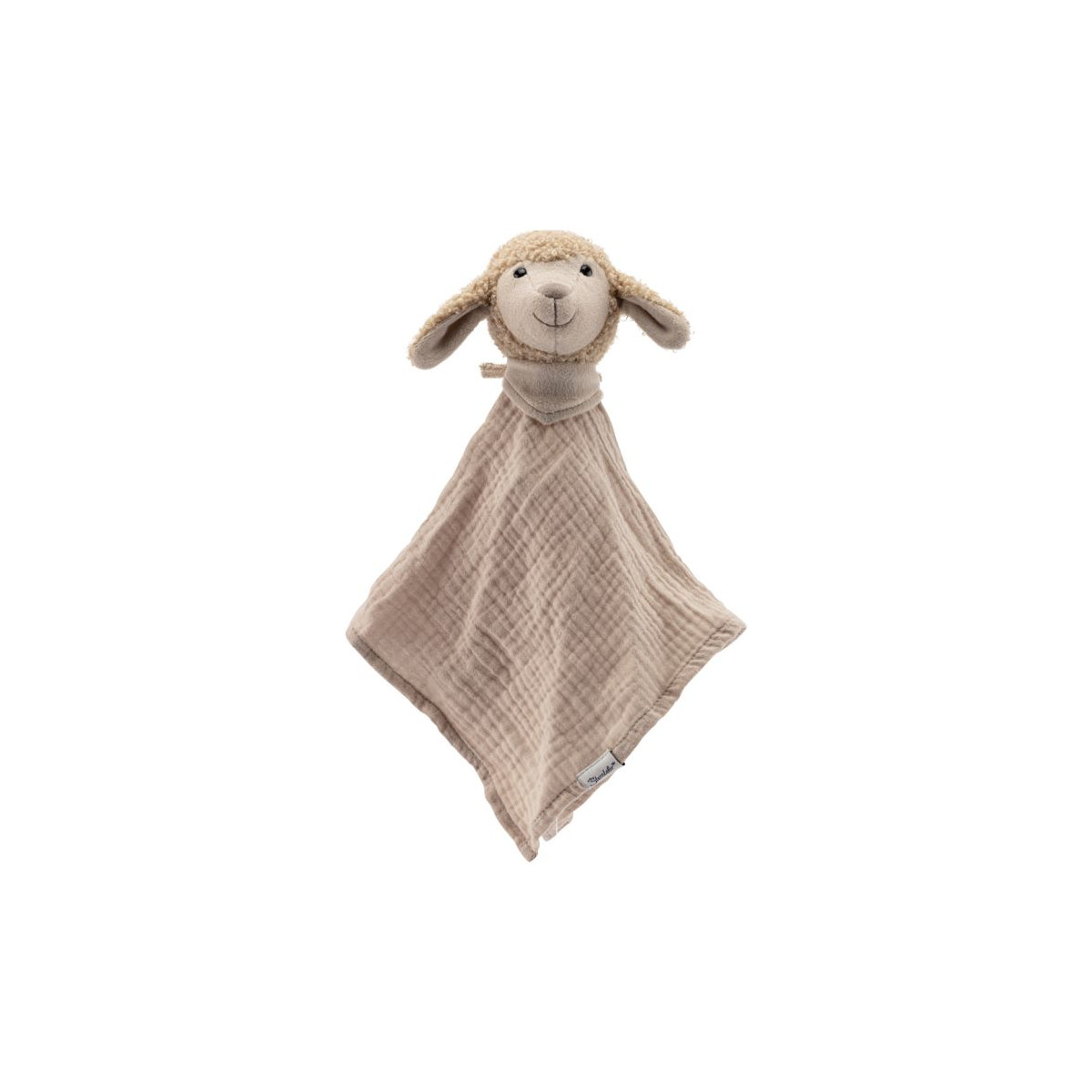 Weiche beige Sicherheitsdecke mit einem Plüsch-Lammkopf und Schlappohren am oberen Ende.