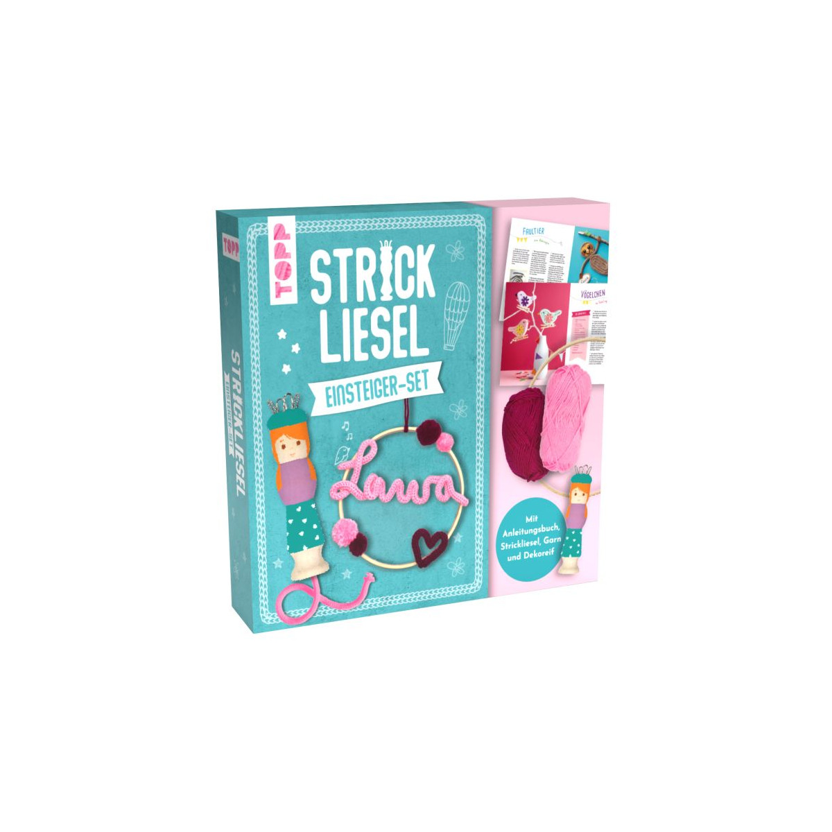 Strick Liesel Einsteiger-Set: Box mit Garn, Strickliesel und Namensbeispiel zum Basteln.