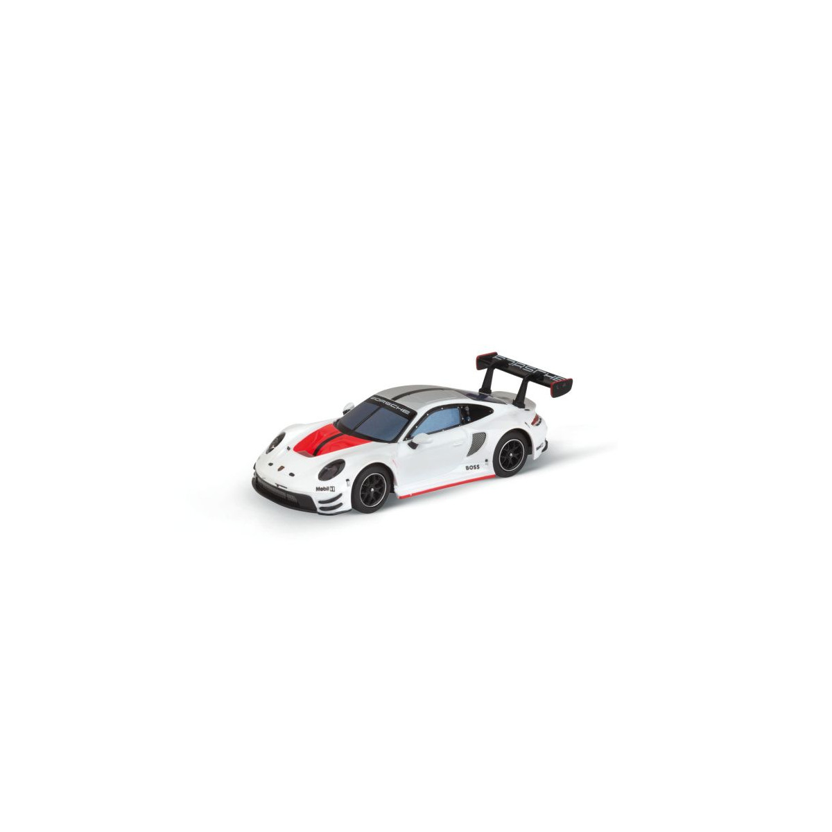 Kleines weißes Spielzeug-Rennauto mit schwarzen Rädern, roten Streifen und großem Heckspoiler vor weißem Hintergrund.