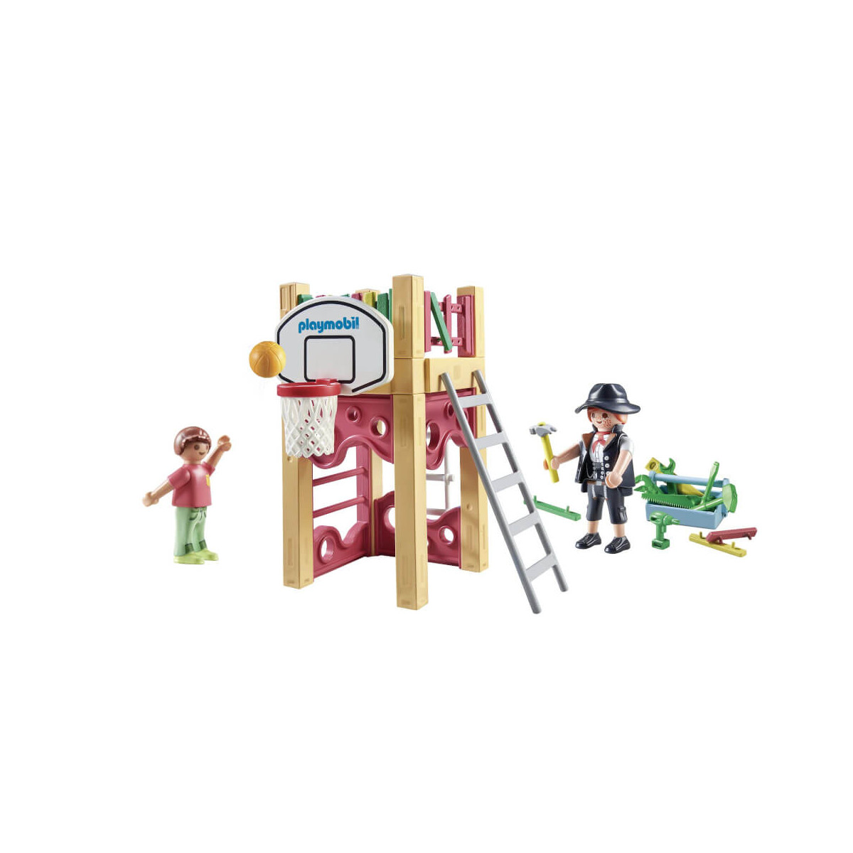 Zwei Playmobil-Figuren mit Basketballkorb, Kletterwand, Leiter und Wippe am Spielplatz.
