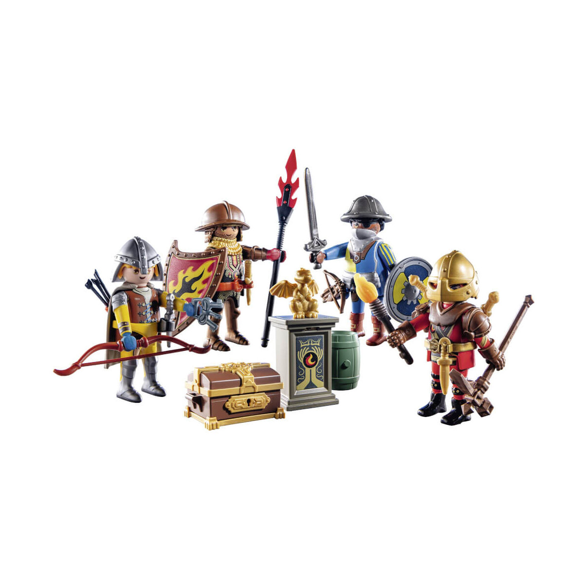 Fünf Spielzeugritter mit Waffen und Schilden versammeln sich um eine Schatztruhe und einen Sockel mit Statue.