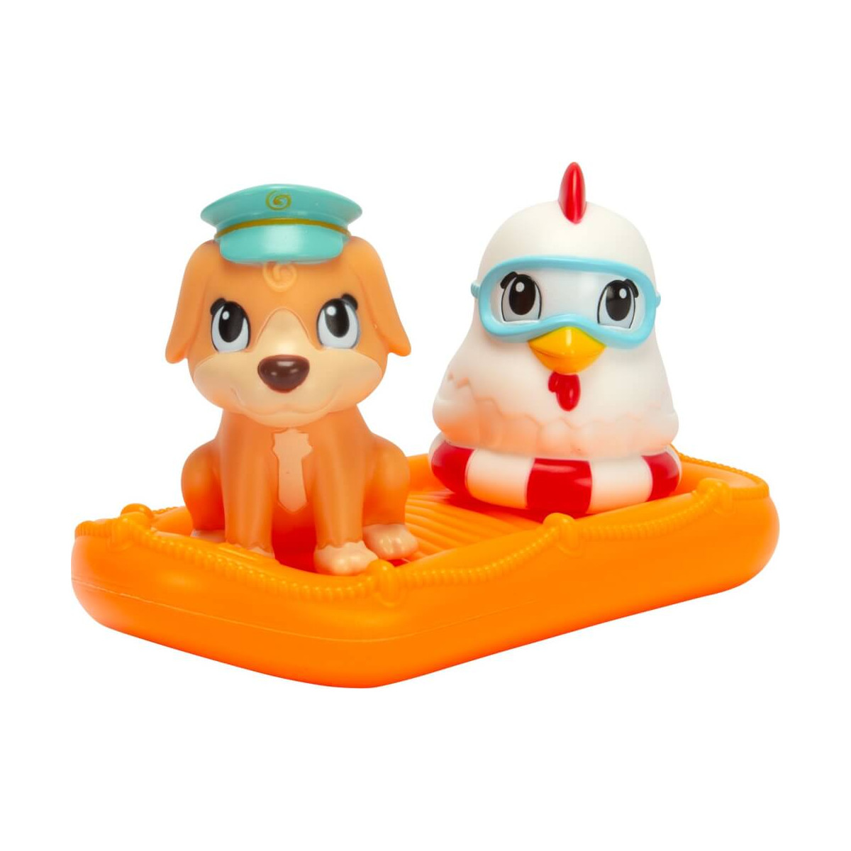 Ein Spielzeughund mit blauer Kappe und ein Huhn mit Brille sitzen gemeinsam auf einem orangefarbenen Floß.