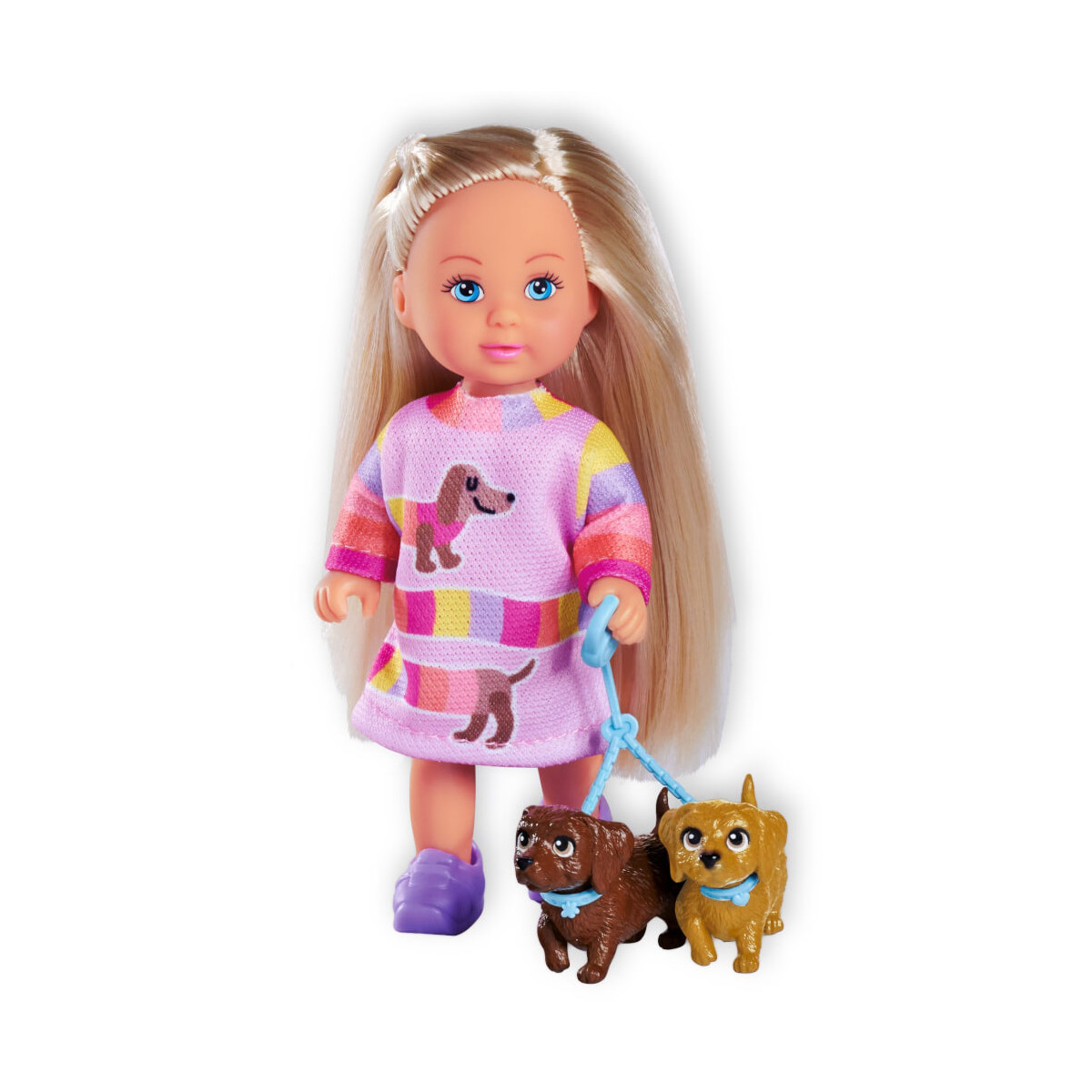 Eine blonde Puppe im Hundekleid hält zwei kleine Spielzeughunde an der Leine.