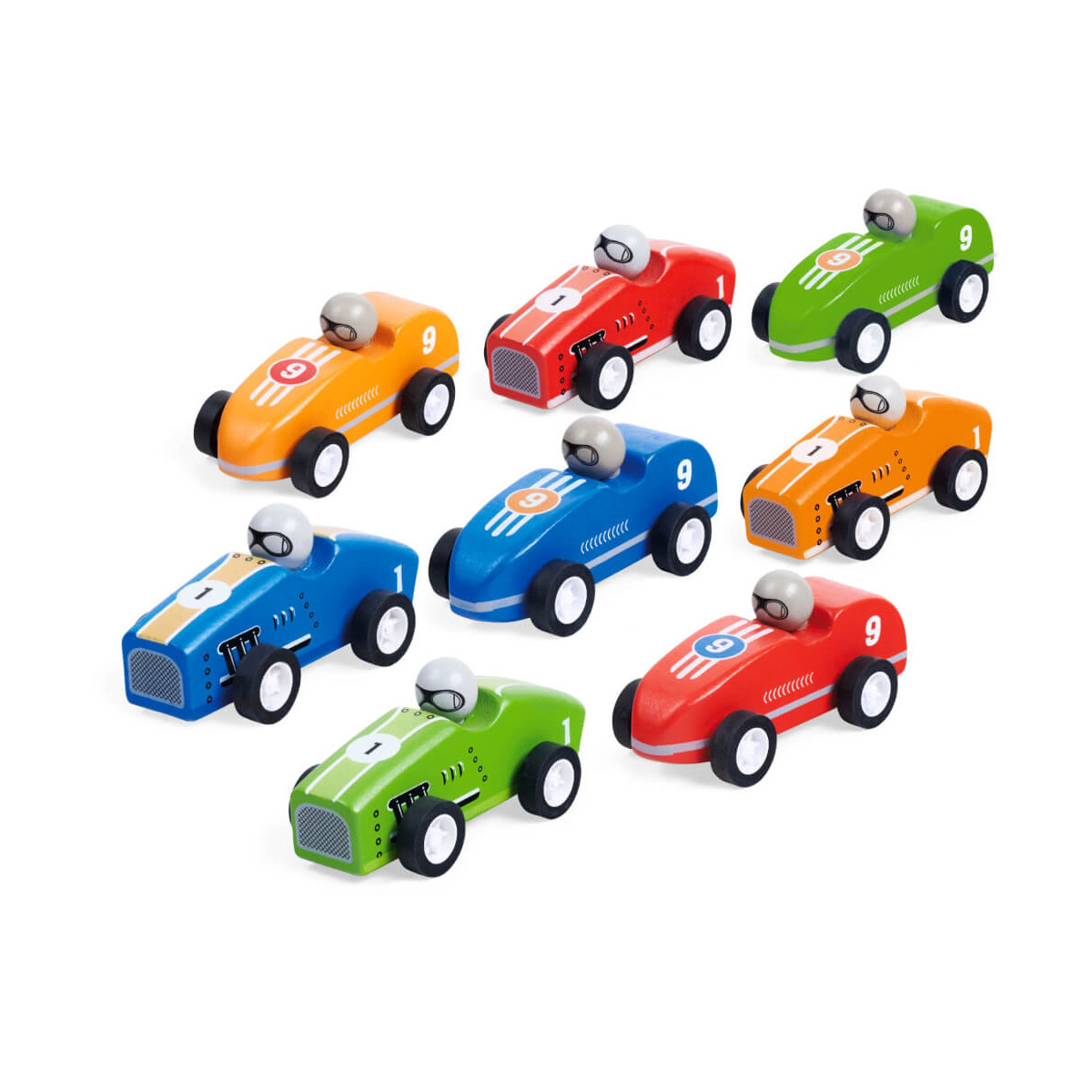 Acht bunte Spielzeug-Rennautos mit Zahlen sind in zwei Reihen auf weißem Hintergrund angeordnet.