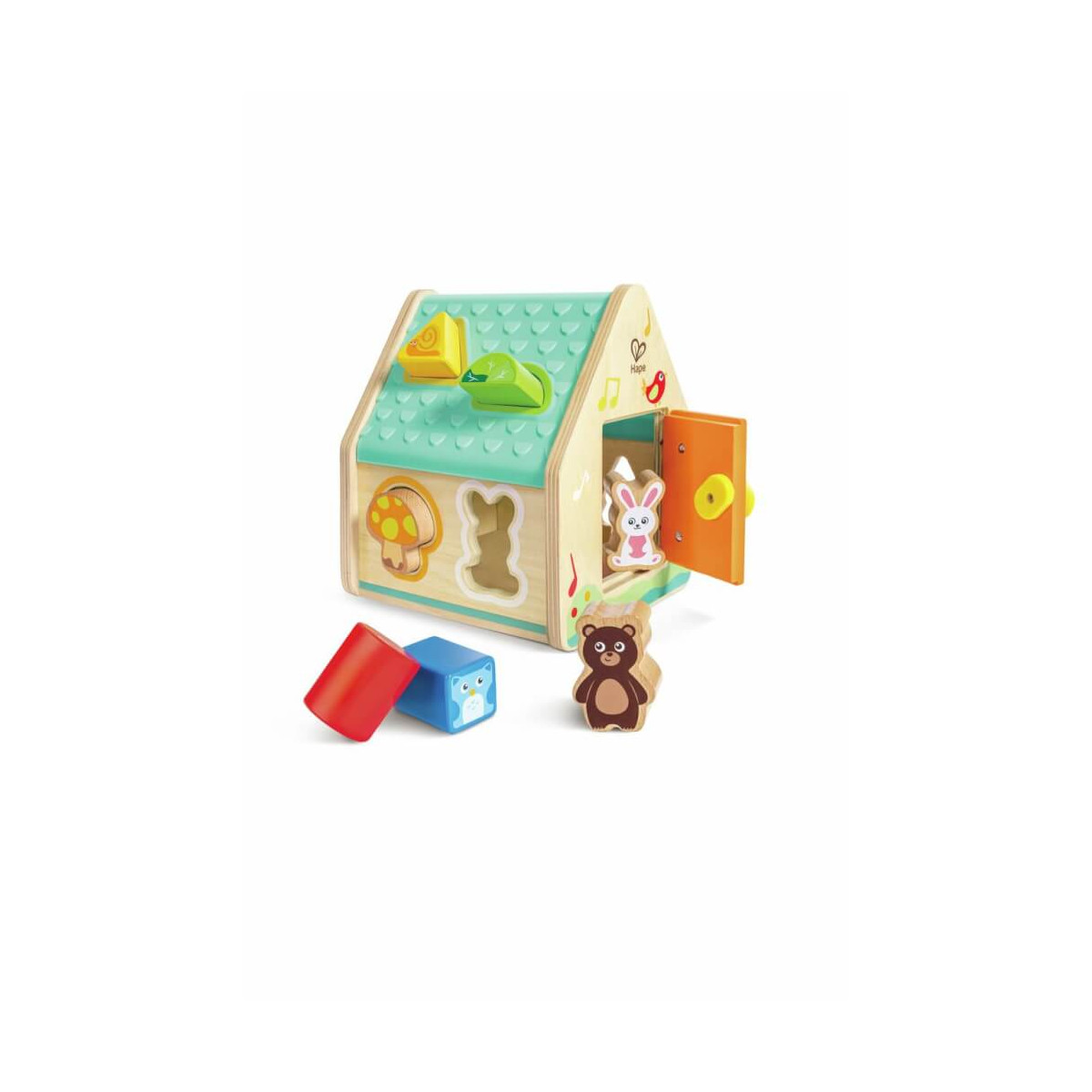 Holzformsortierhaus mit Tierfiguren, Formen und einer Tür, aus der ein Hase herausschaut.