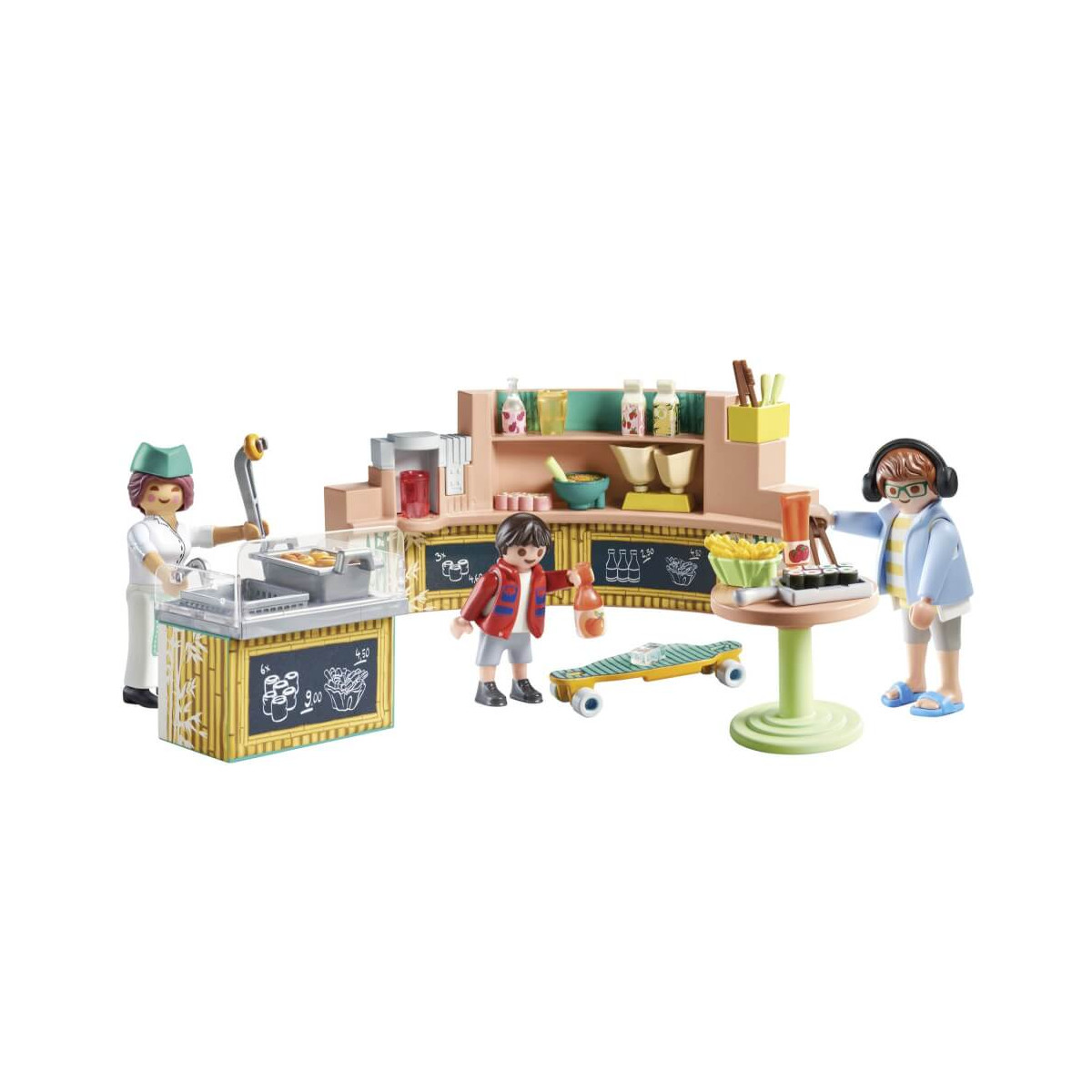 Drei Playmobil-Figuren in einem Café mit Essensauslage, Tresen und Tischzubehör.