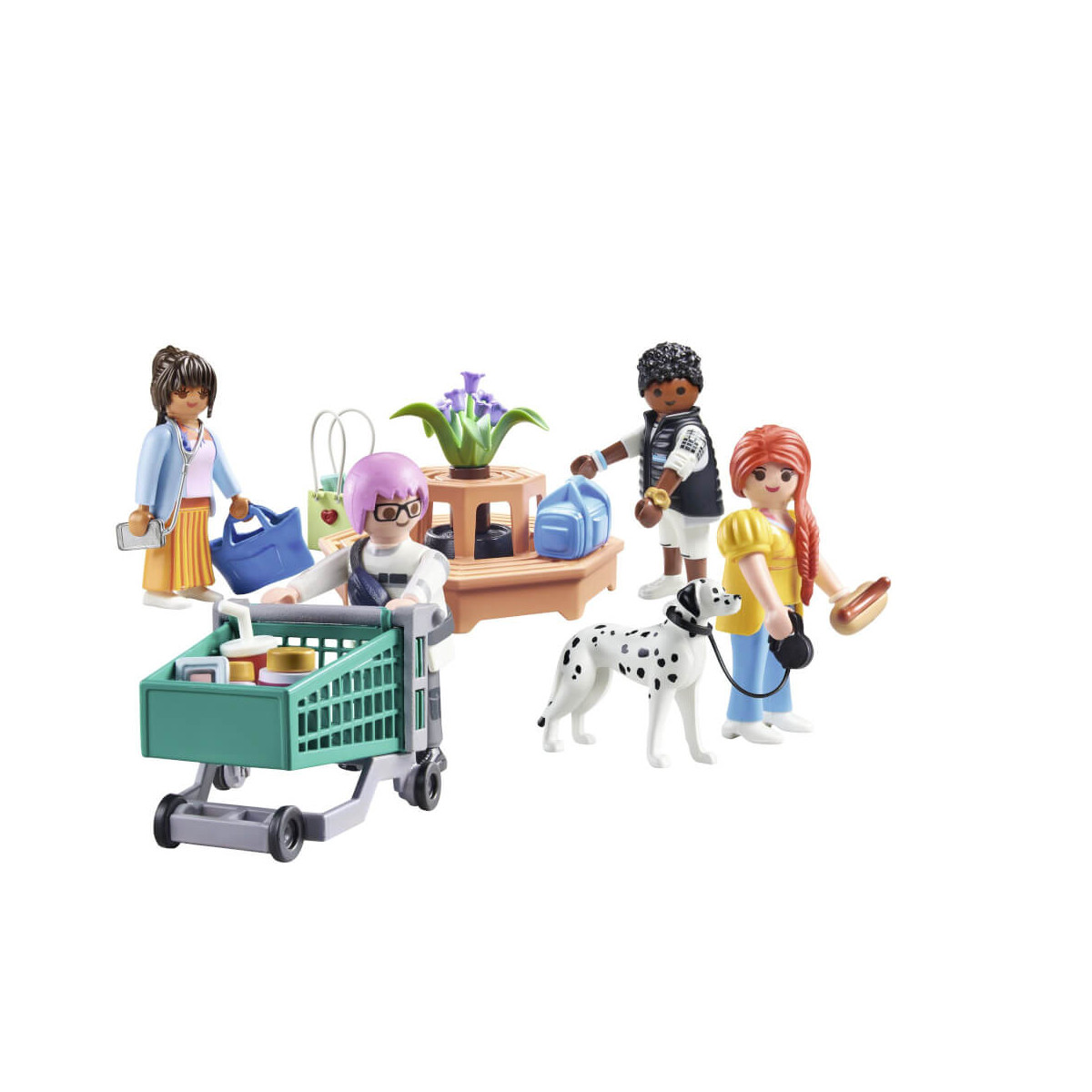 Spielzeugfiguren beim Einkauf mit Wagen, Taschen, Dalmatiner und einem Stand mit Blumen und Obst.