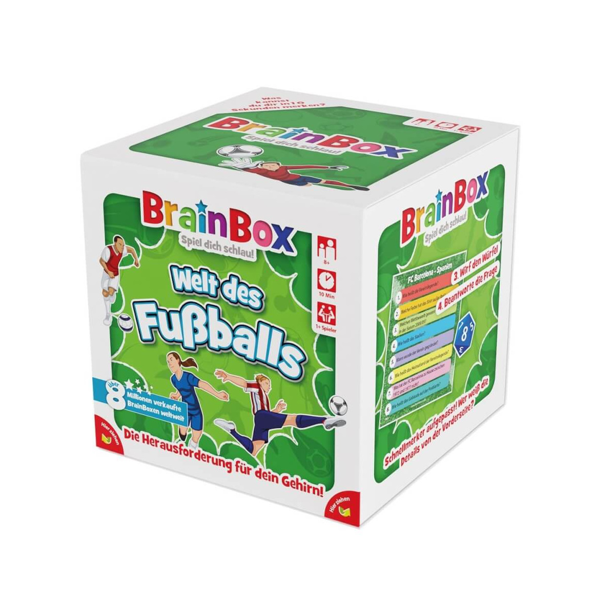 BrainBox-Spiel „Welt des Fußballs“ mit Abbildungen von Fußballspielern auf grünem Hintergrund.