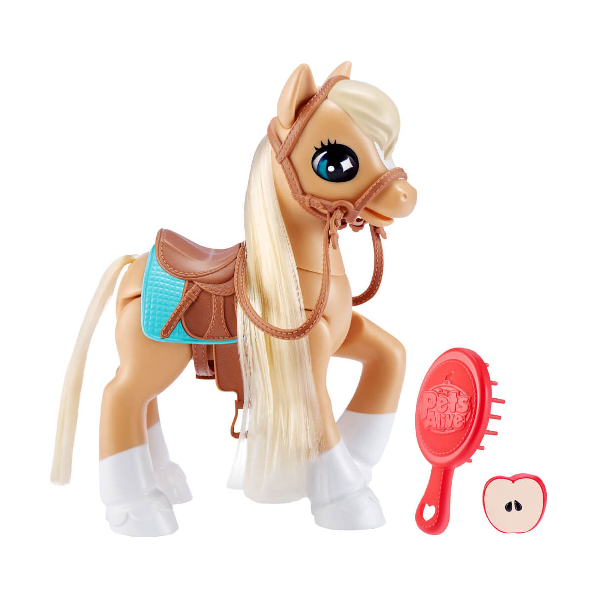 Spielzeugpferd mit blonder Mähne, blauem Sattel sowie rotem Bürsten- und Apfelstück-Zubehör.