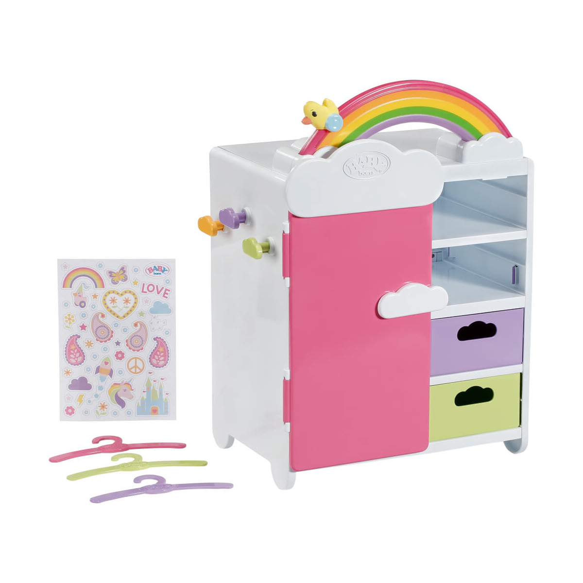 Bunte Spielzeuggarderobe mit Regenbogengriff, zwei Schubladen, Kleiderbügeln und Deko-Stickerbogen.