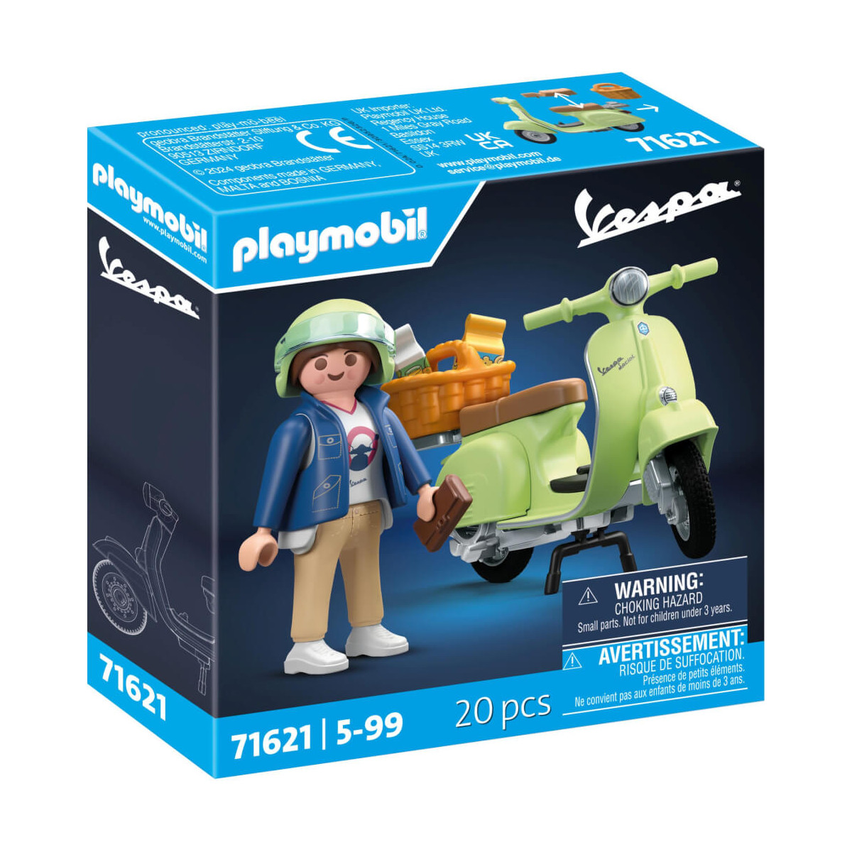 Playmobil Vespa Set mit Spielfigur, grünem Roller, Helm und Zubehör, insgesamt 20 Teile in der Box.