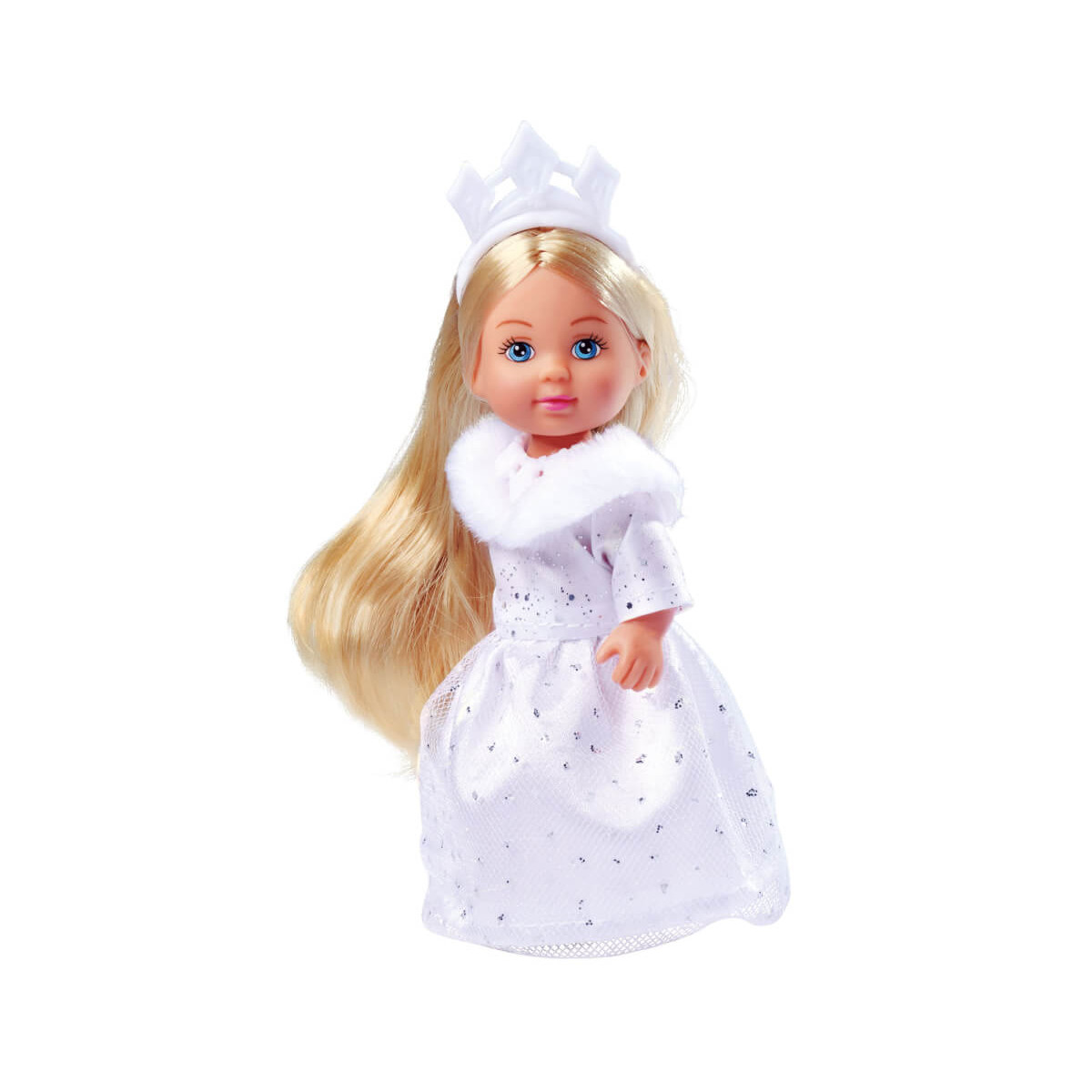 Blonde Puppe im weißen Prinzessinnenkleid mit Krone steht vor weißem Hintergrund.