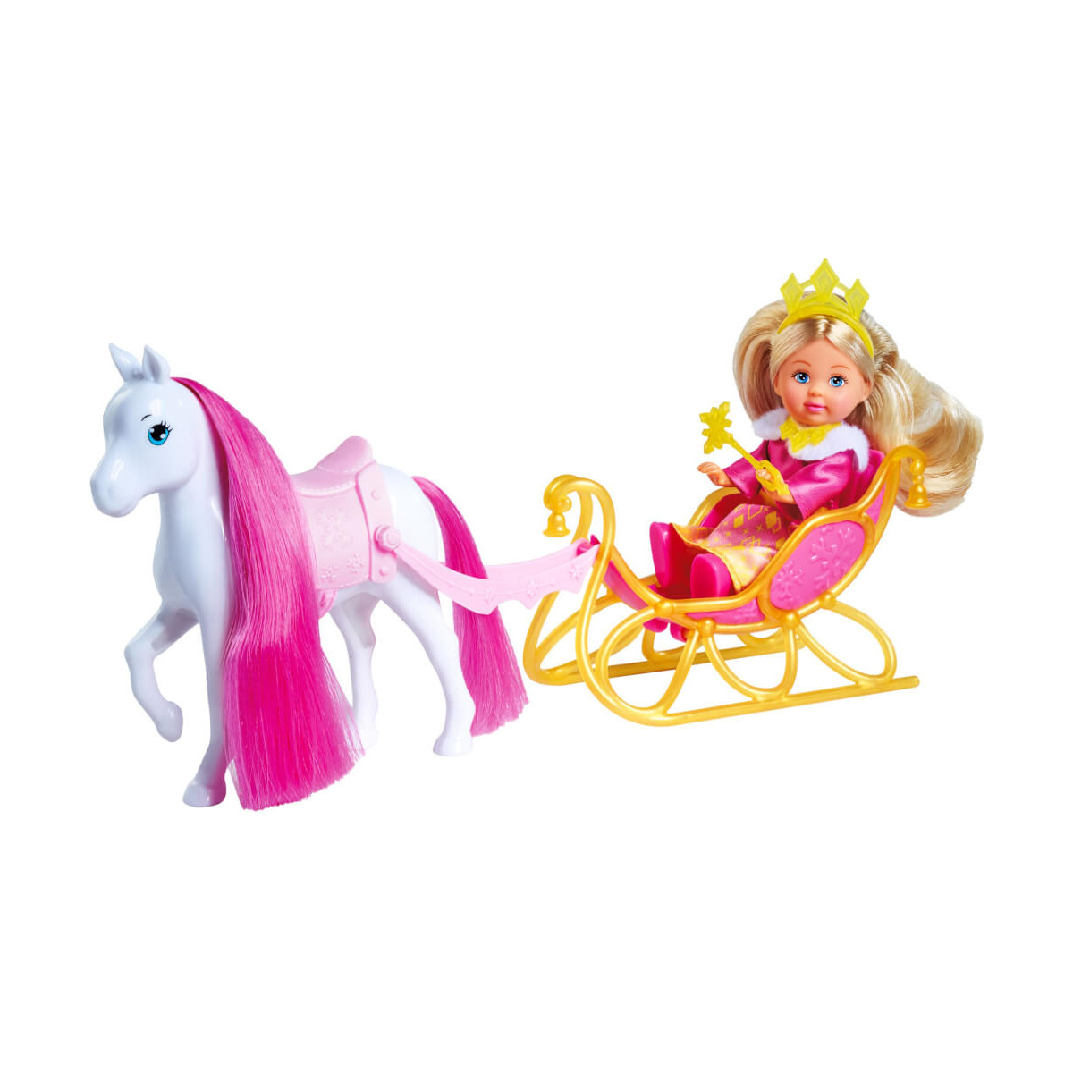 Prinzessinnenpuppe in rosa-gelbem Schlitten, gezogen von einem weißen Pferd mit rosa Mähne und Schweif.