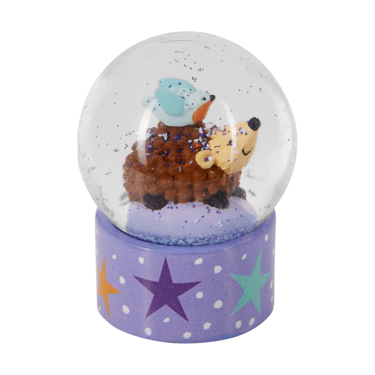 Schneekugel mit Igel, blauem Vogel obenauf und violetter Basis mit Sternen und weißen Punkten.