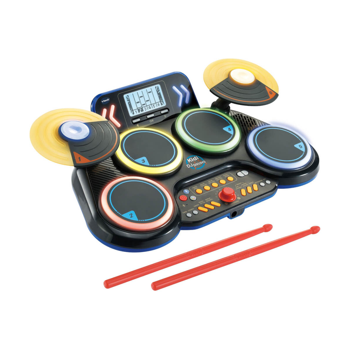 Elektronisches Kinderschlagzeug mit farbigen Pads, Becken, Bedieneinheit, Display und zwei roten Drumsticks.
