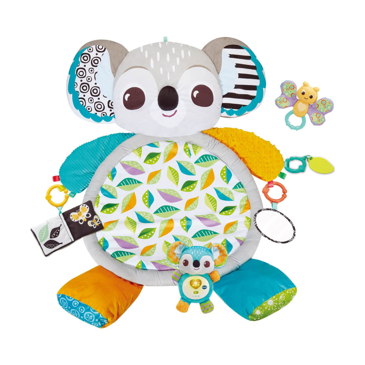 Bunte Baby-Spielmatte in Koalaform mit Spielzeugen, Spiegel und kleinem Plüsch-Koala.