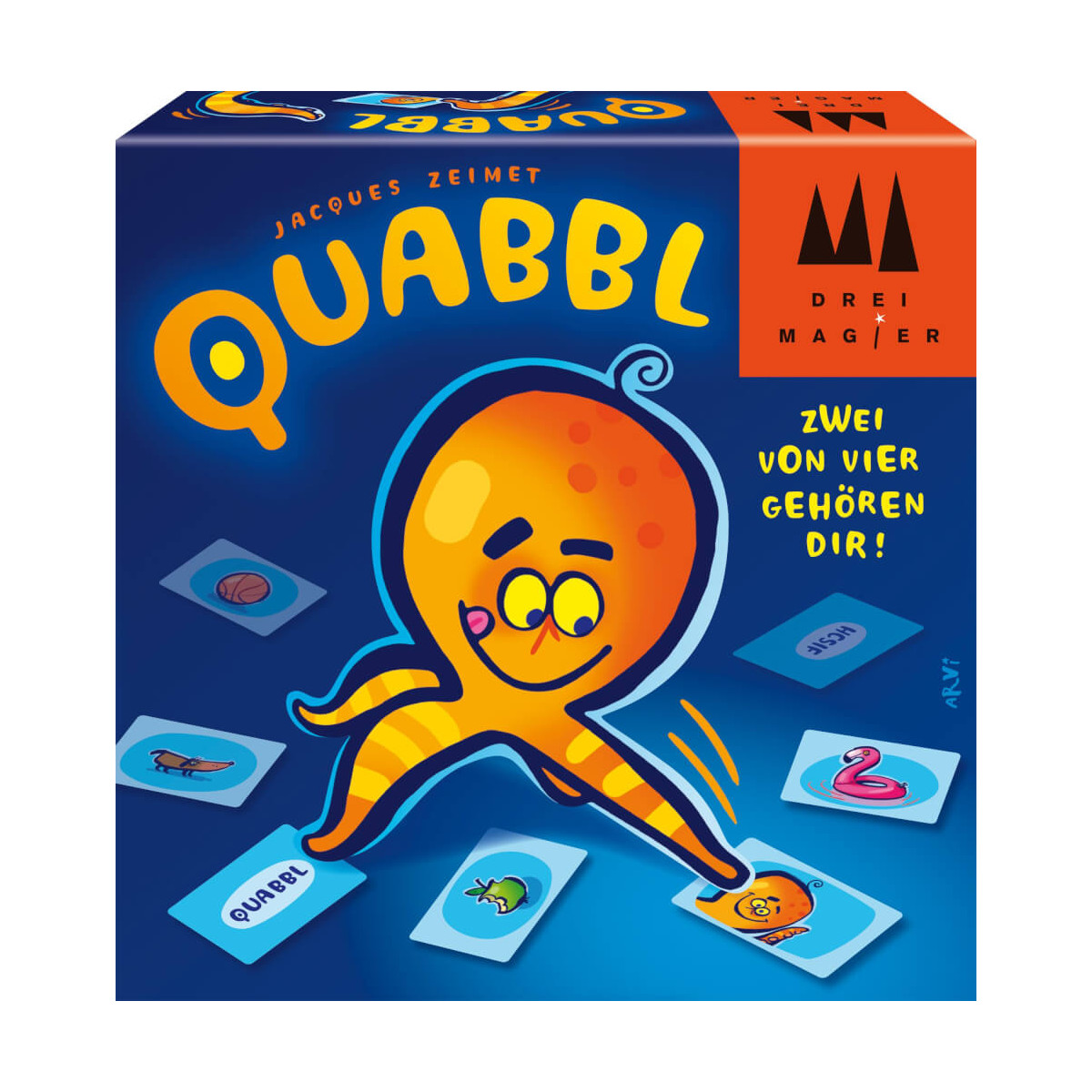 Quabbl von Drei Magier: Bunte Spielbox mit orangem Cartoon-Oktopus und Karten.