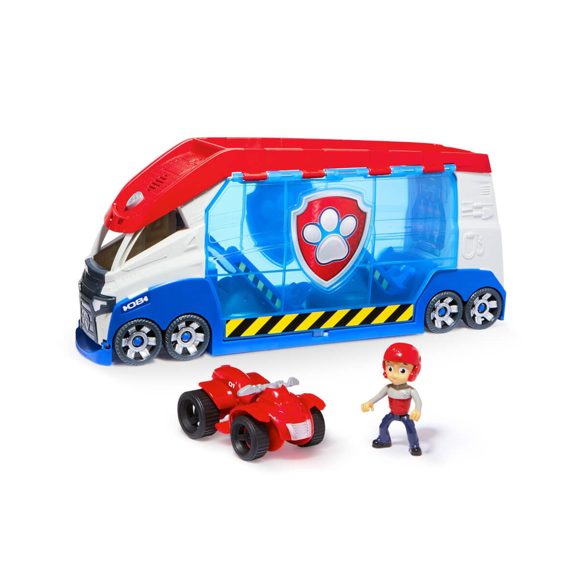 Spielzeug-LKW mit Hundepfotenlogo, rotes Auto und Figur mit rotem Helm.