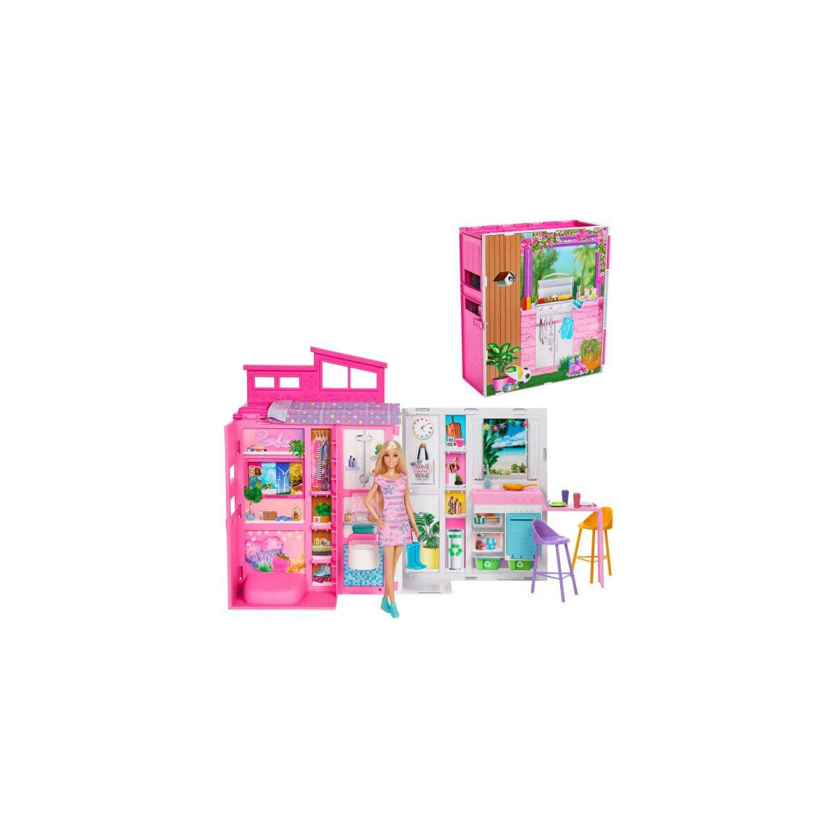 Barbie-Puppe mit rosa faltbarem Puppenhaus, inkl. Möbel und Zubehör.