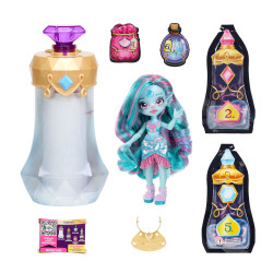 Fantasy-Puppe mit türkis-lila Haar, Zubehör und Verpackung in Form einer Zauberflasche und Zaubertrankbeuteln.