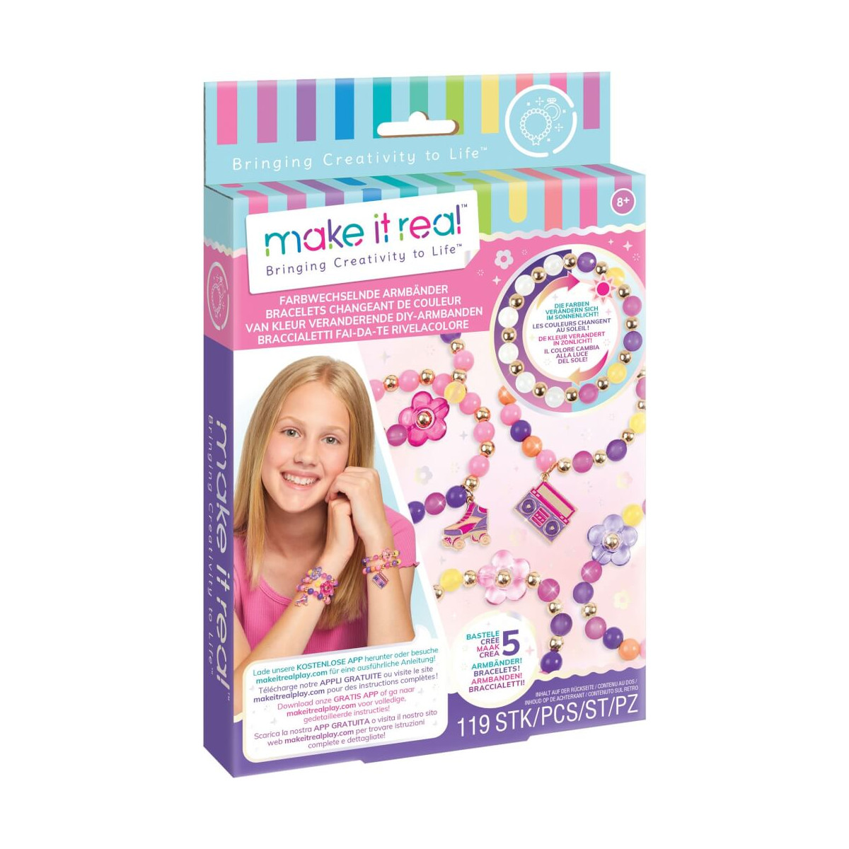 Make It Real Schmuckset mit lächelndem Mädchen und bunten Armbändern sowie Halsketten als abgebildete Designs.