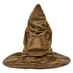 Brauner, spitzer Zauberhut mit breiter Krempe und Falten, ähnlich dem Sprechenden Hut aus Harry Potter.