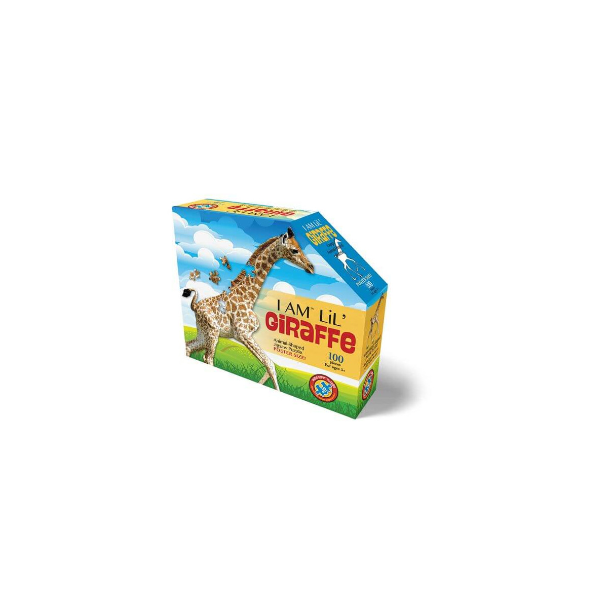 Puzzle „I Am Lil Giraffe“: 100 Teile mit Giraffenmotiv vor blauem Himmel und Gras auf der Verpackung.