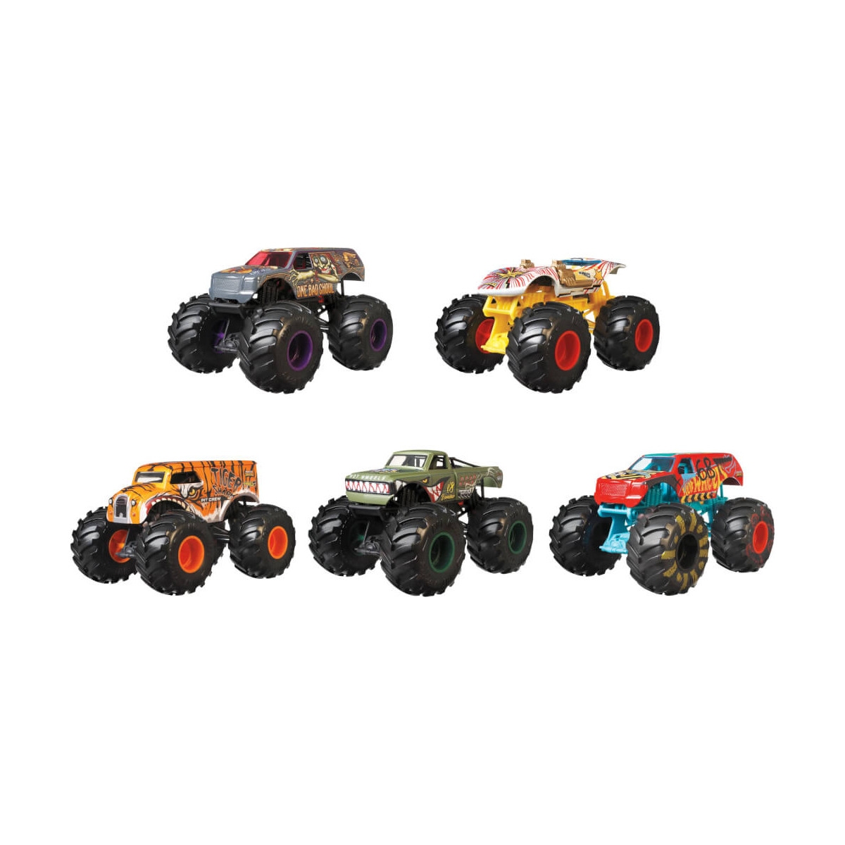 Fünf bunte Spielzeug-Monstertrucks mit großen Rädern stehen in zwei Reihen auf weißem Hintergrund.