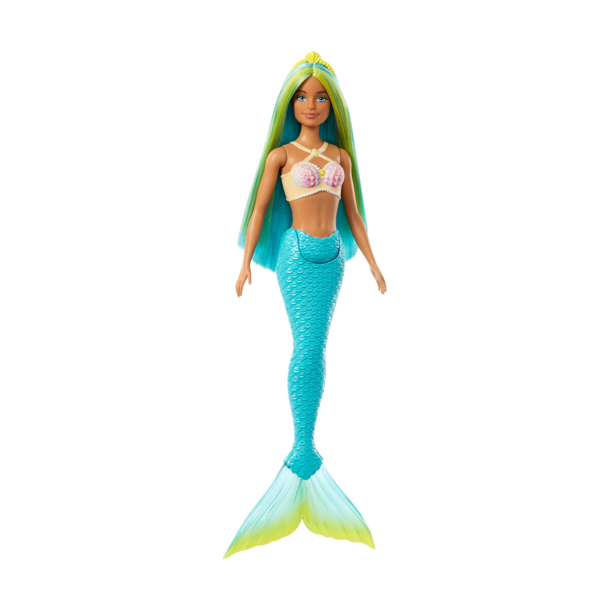 Barbie Meerjungfrau Puppe mit blauen und gelben Strähnchen, türkisfarbener Schwanzflosse und Haarban