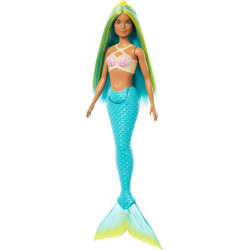 Barbie Meerjungfrau Puppe mit blauen und gelben Strähnchen, türkisfarbener Schwanzflosse und Haarban