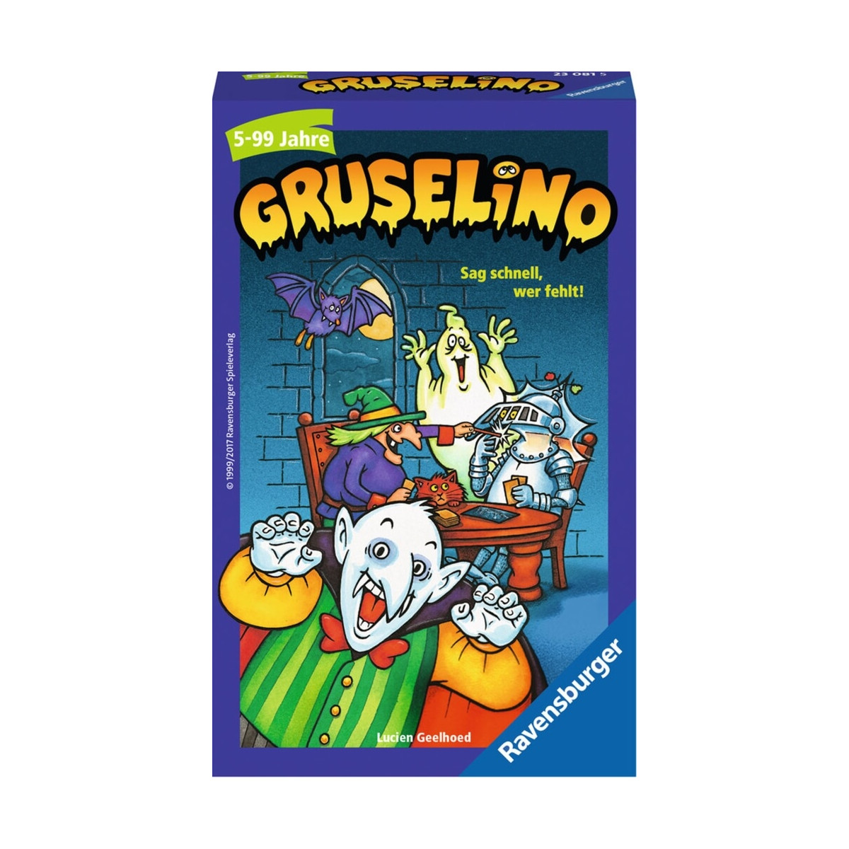 Spielschachtel von Gruselino mit Cartoon-Monstern wie Vampir und Geist auf blauem Hintergrund.