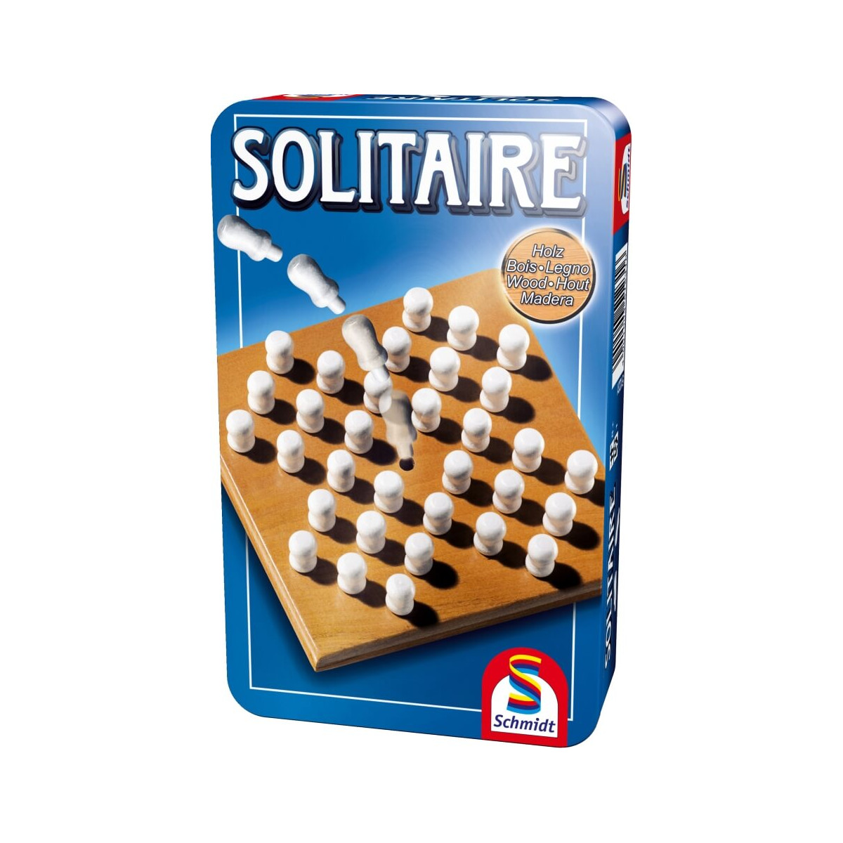Schachtel des Brettspiels Solitaire von Schmidt mit Holzspielbrett und weißen Stiften auf dem Cover.