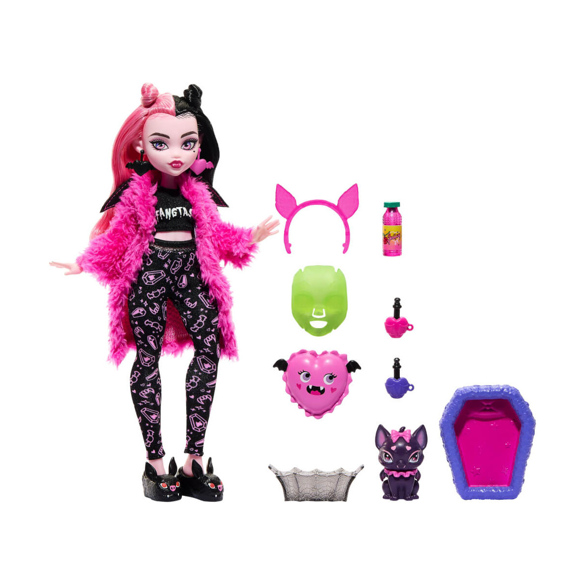 Monster High Puppe und Pyjamapartyzubehör, Draculaura, Schaurig schöne Pyjamaparty