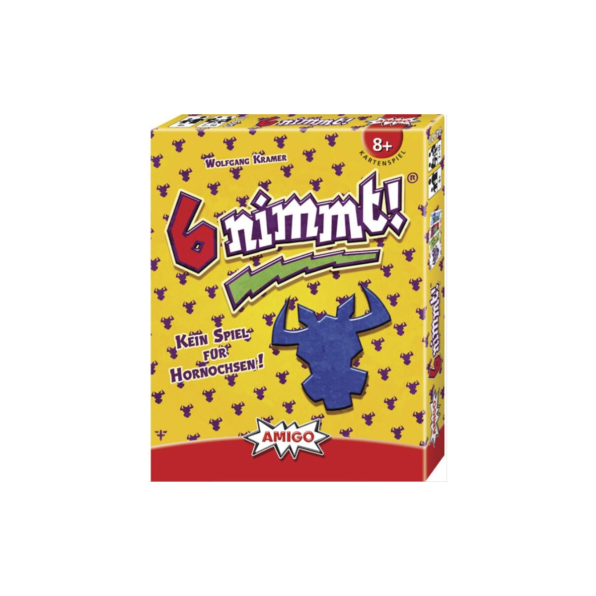 Schachtel des Kartenspiels 6 nimmt! mit gelbem Hintergrund, blauem Stier und lila Stierkopf-Muster.