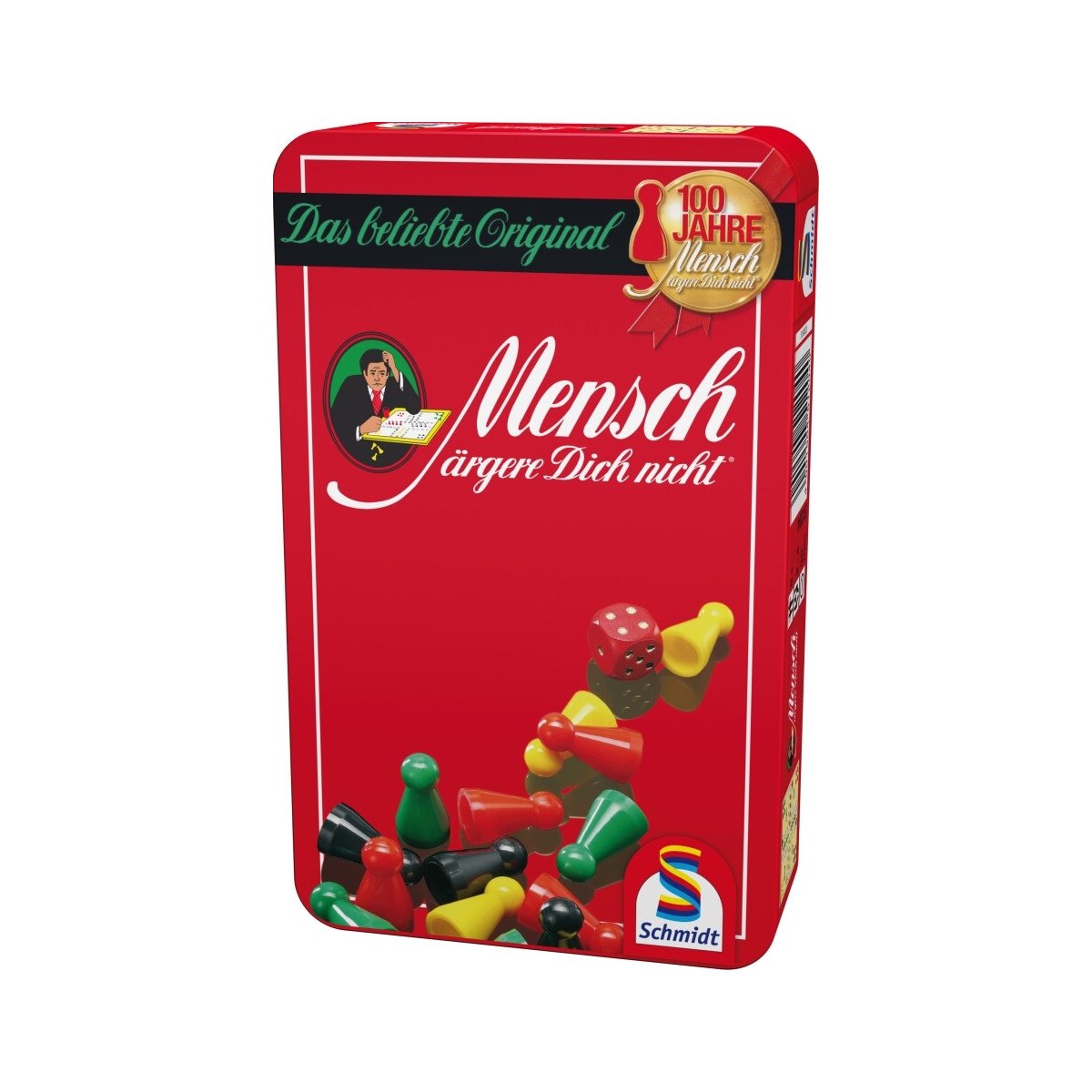 Rote Blechdose des Spiels „Mensch ärgere Dich nicht“ mit bunten Spielfiguren und deutschem Schriftzug.