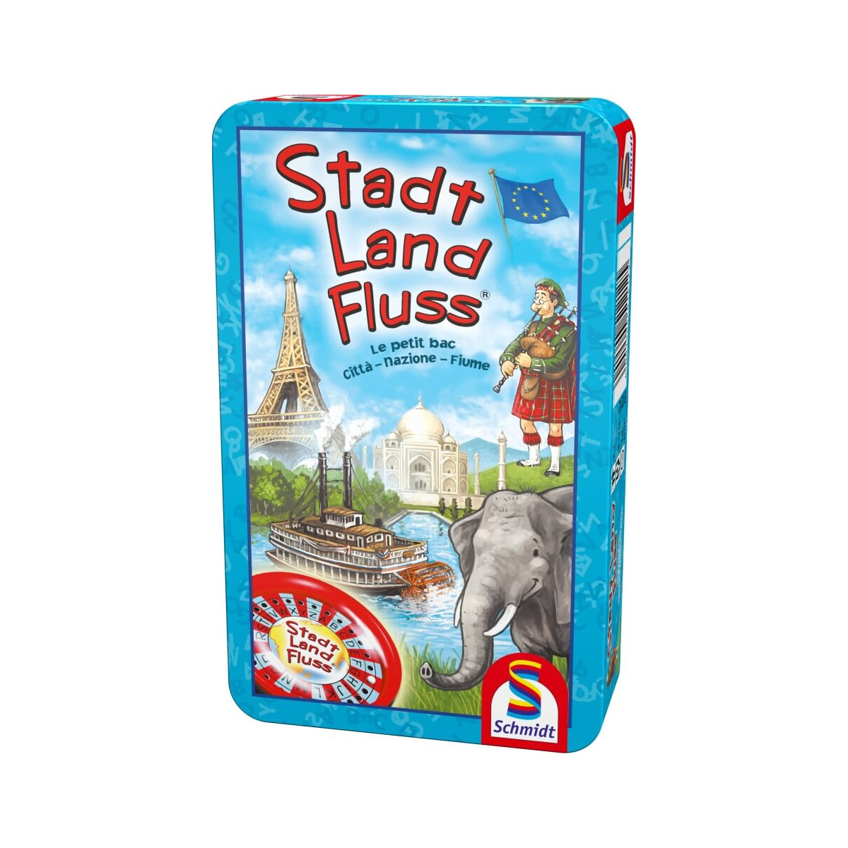 Bunte Stadt-Land-Fluss-Spielbox mit Welt-Sehenswürdigkeiten, einem Elefanten und einem Dampfschiff.