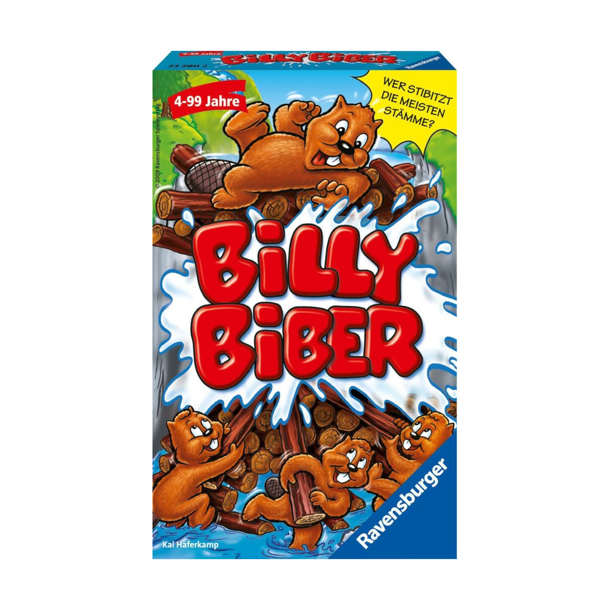 Spieleschachtel von Billy Biber mit Comic-Bibern, die auf einem Holzstapel neben spritzendem Wasser spielen.