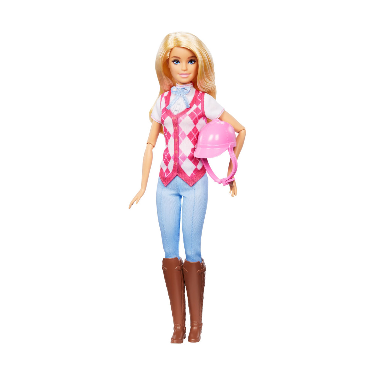 Blonde Puppe im Reitoutfit mit braunen Stiefeln, pinkem Helm, pinker Argyle-Weste und blauer Hose.