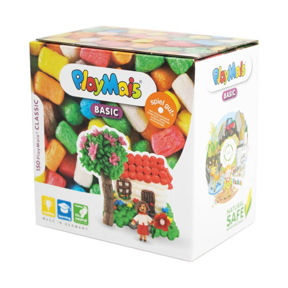 PlayMais Basic Box mit bunten Teilen sowie Haus-, Baum- und Kindmodell auf der Verpackung abgebildet.