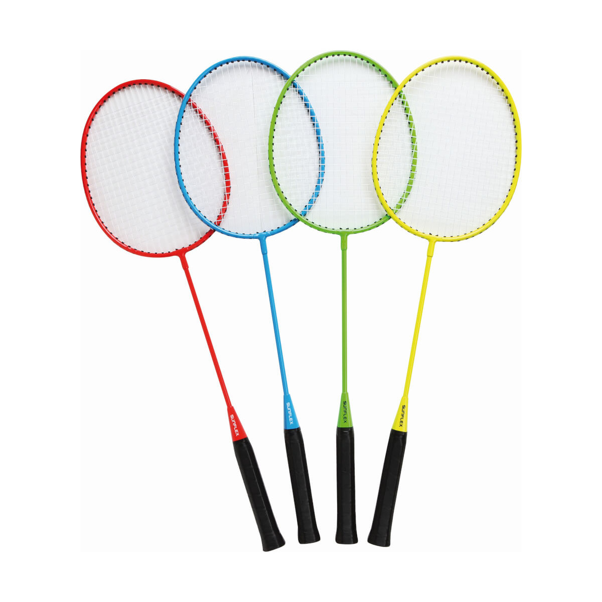Vier Badmintonschläger in Rot, Blau, Grün und Gelb liegen nebeneinander auf weißem Hintergrund.