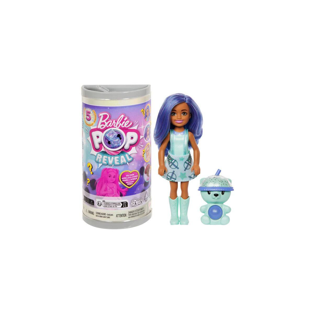 Barbie Pop Reveal Puppe mit lila Haaren, blauem Outfit, Bärenfigur und zylindrischer Verpackung.