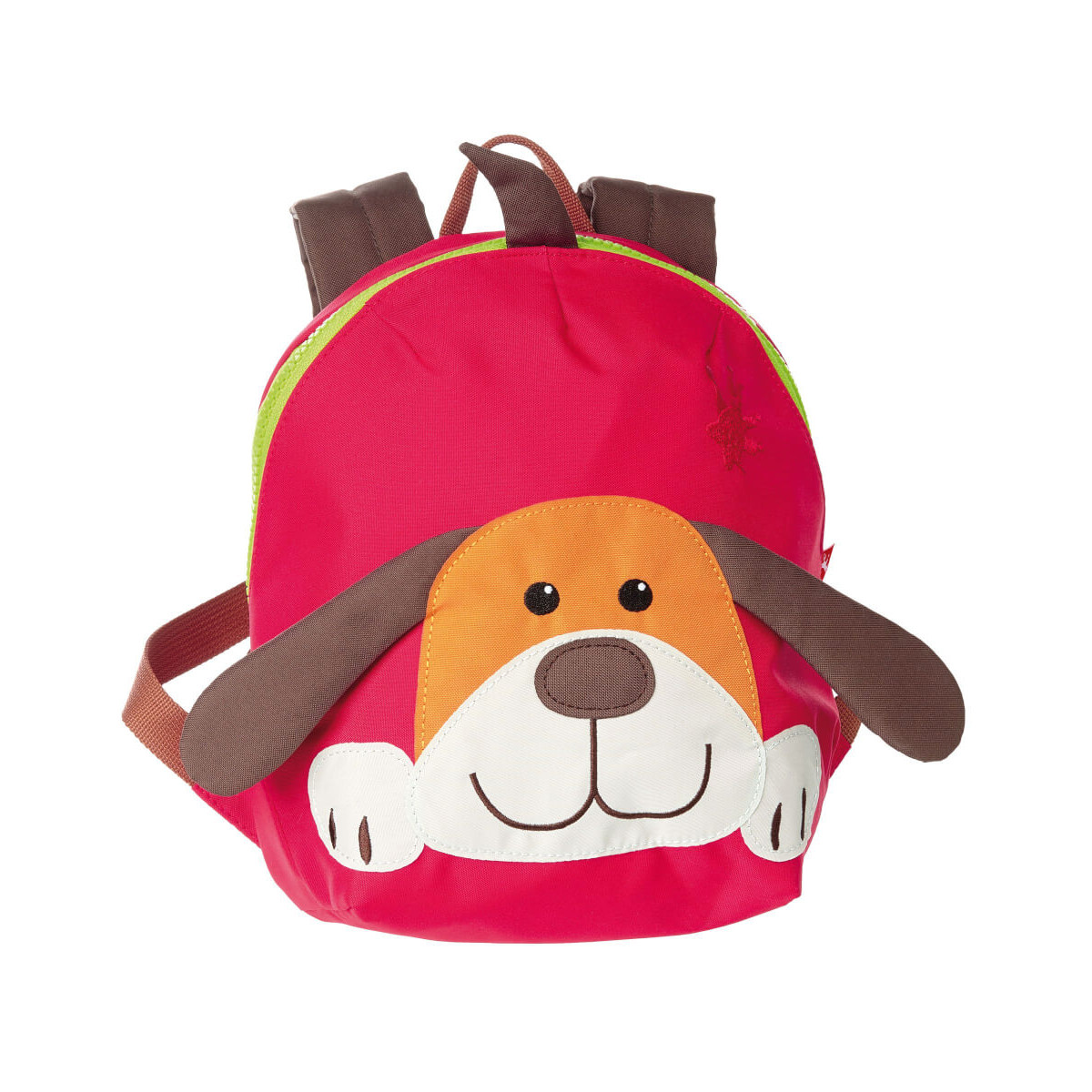 Roter Kinderrucksack mit süßem Hundegesicht, braunen Schlappohren und lächelndem Mund.